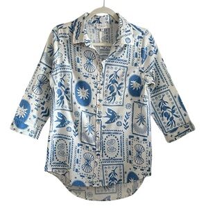 Calypso St. Barth Blue & White Graphic Print Linen Blend Hi Lo Tunic Top M